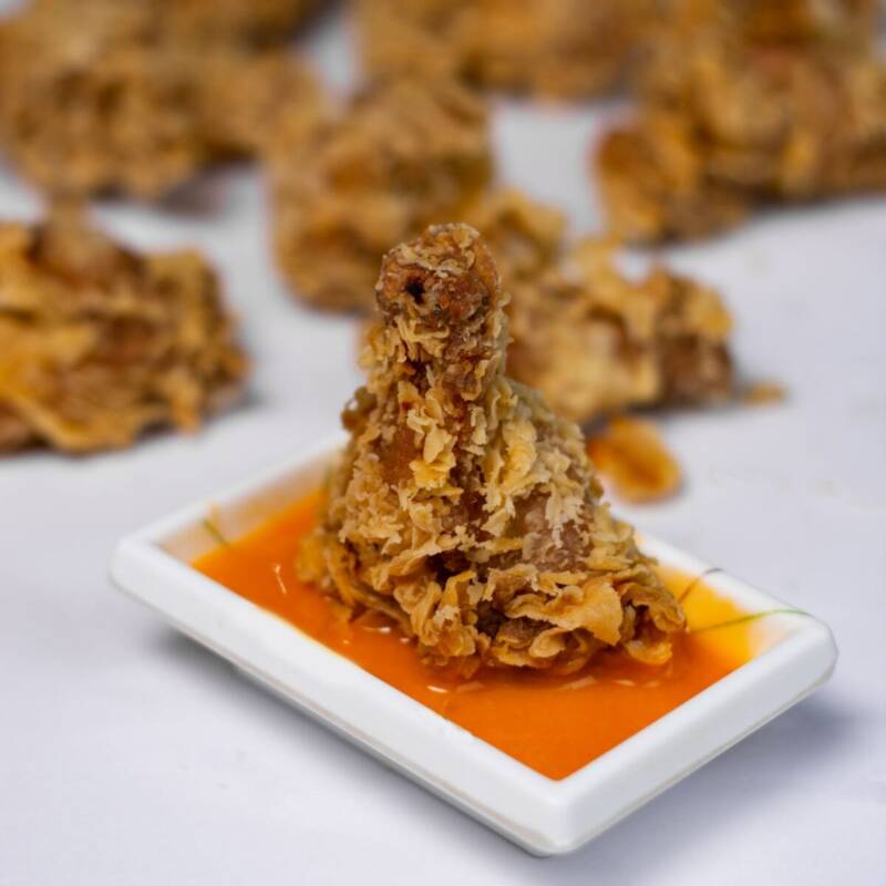 Close up of golden crispy Southern fried chicken