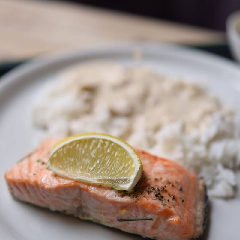 Lemon garlic butter salmon fillet with lime and rice
