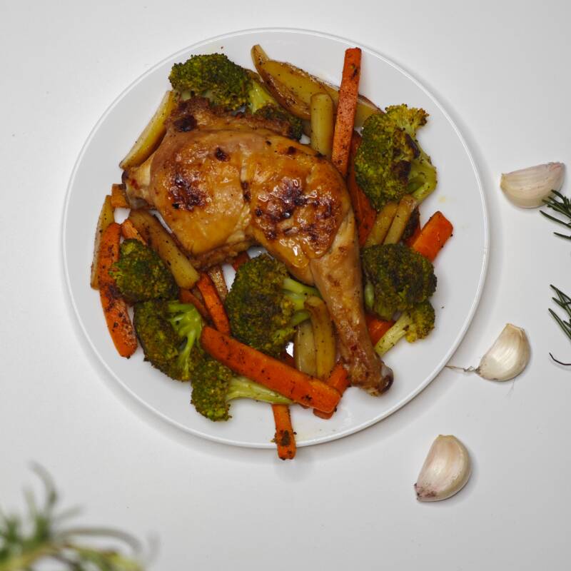 Cooked chicken thigh glazed and plated, checked for safe internal temperature